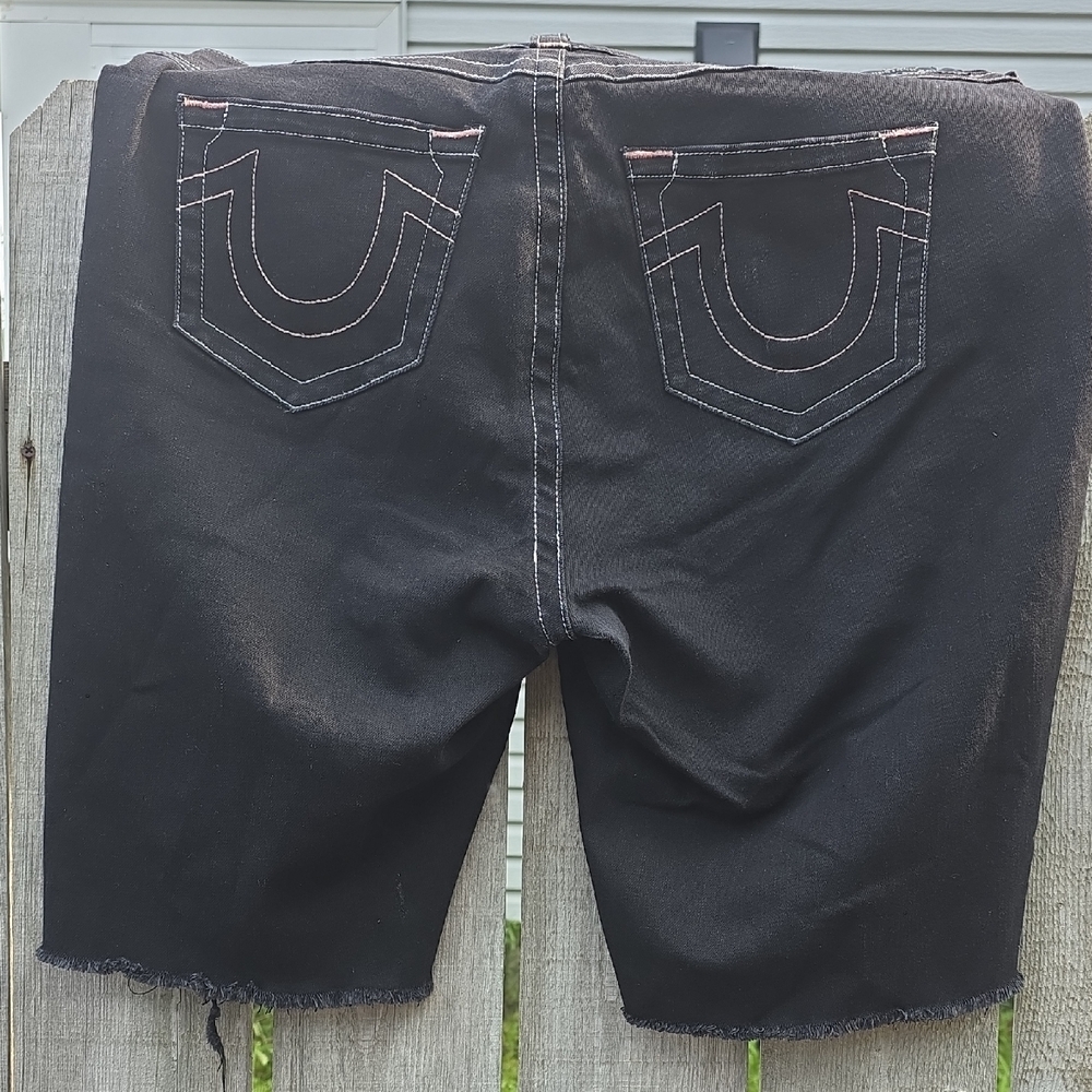 True Religiin Black Denim Shorts with White Stitching